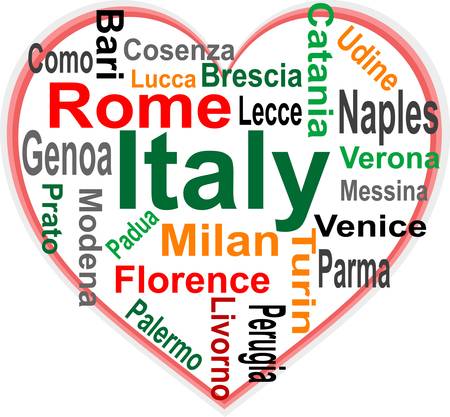 Italy Heart and words cloud with larger citiesのイラスト素材