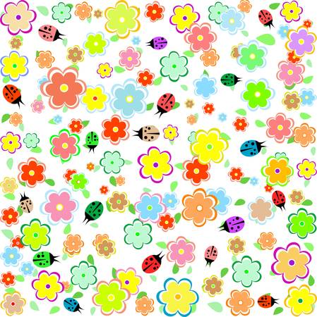 spring background with small flowers and ladybugsのイラスト素材