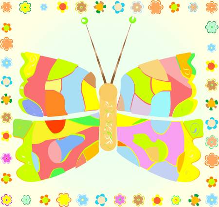 colored Butterfly with flower border on yellow Backgroundのイラスト素材