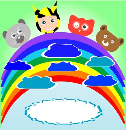 cute kid and smile animals viewing rainbowのイラスト素材