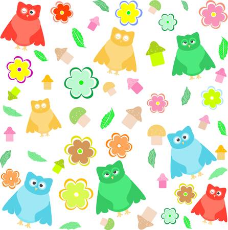 Bright background with owls, leafs, mushrooms and flowersのイラスト素材