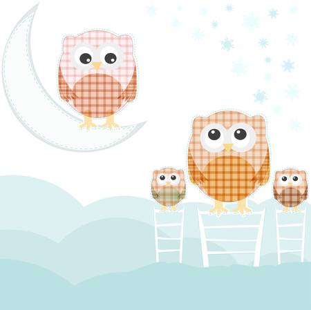 cute card with family owls on sky over cloudのイラスト素材