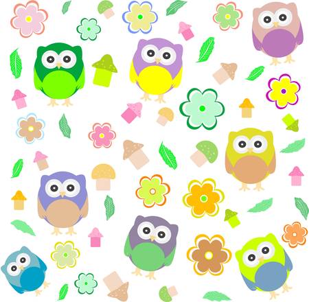 seamless background with spring elements - owls, mushrooms and flowersのイラスト素材