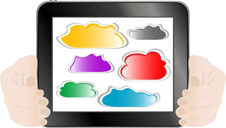 Woman hand holding tablet pc with abstract cloudのイラスト素材