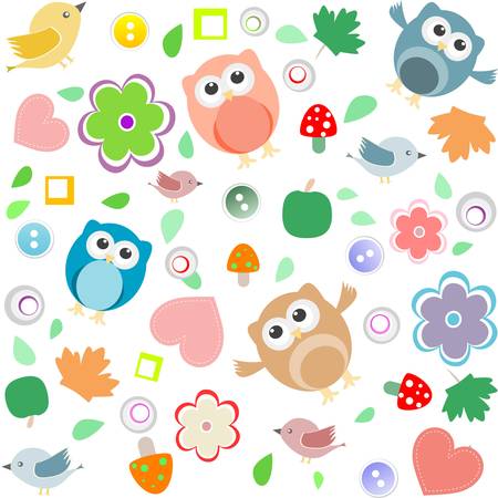 Bright background with owls, leafs, mushrooms and flowers. Seamless patternのイラスト素材