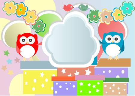 birthday party card with cute owl and birdsのイラスト素材
