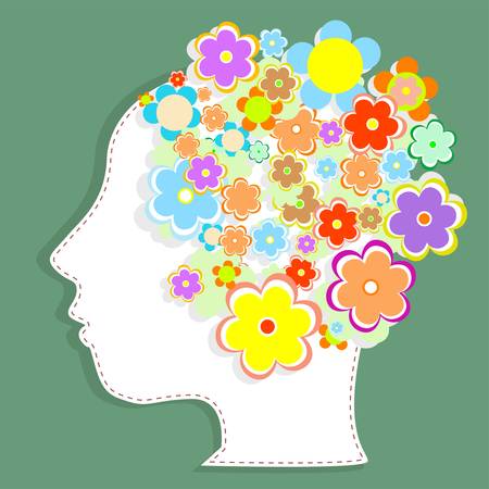 silhouette woman s head filled with cute flowersのイラスト素材