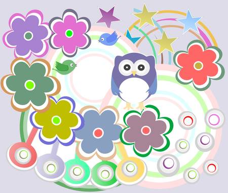 holiday card with cute owl and flowersのイラスト素材