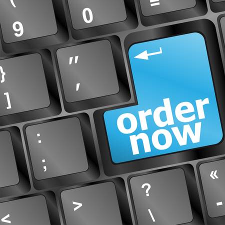 Order now computer key in blue showing online purchases and shoppingのイラスト素材