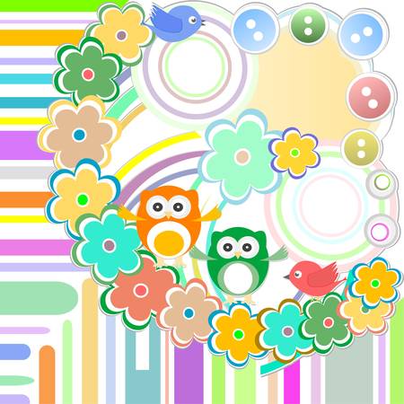 Cute bird and owl in abstract gardenのイラスト素材