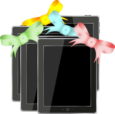 Tablet pc set with ribbons and bow isolated on a white backgroundの写真素材