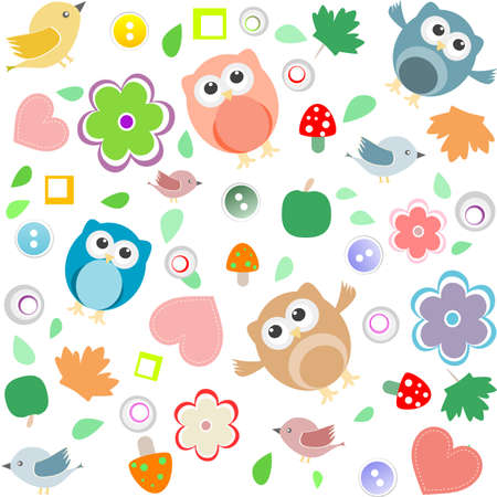 Bright background with owls, leafs, mushrooms and flowers. Seamless patternの写真素材