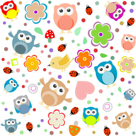 Bright background with owls, leafs, mushrooms and flowers. Seamless patternの写真素材