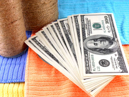 dollars money set with vintage white bottleの写真素材