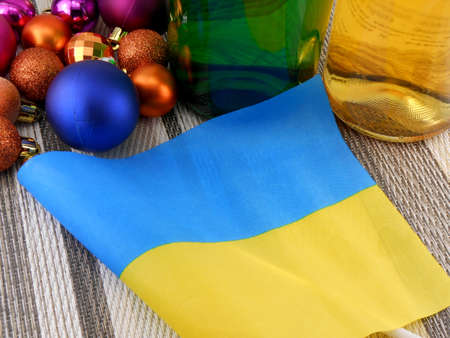 Ukraine flag with christmas decoration, new year cardの写真素材