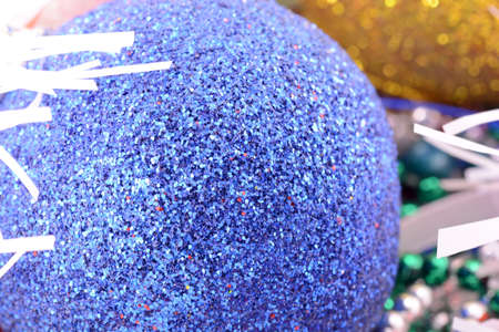 blue and yellow christmas balls, new year decorationの写真素材