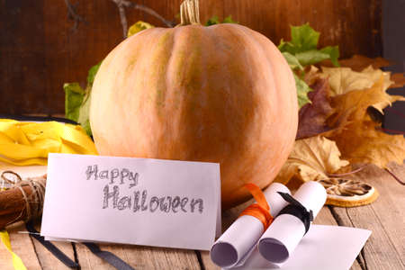 pumpkin on wooden table, happy halloween concept