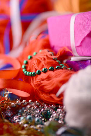 christmas decoration with diamonds and blue ribbon, red new year gift box