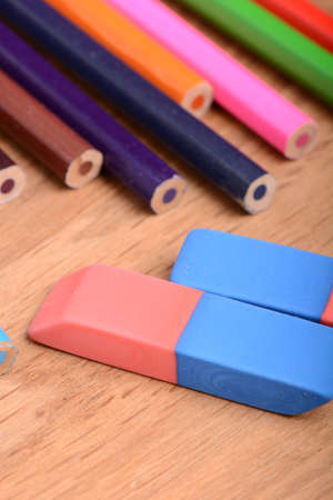 colored pencils  on wooden backgroundの写真素材