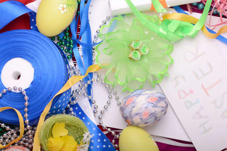 Easter background with eggs and gift boxの写真素材