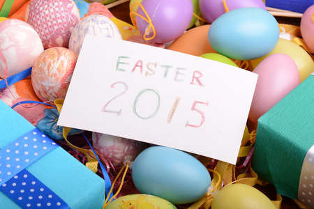 Easter setting with gift box and spring decoration