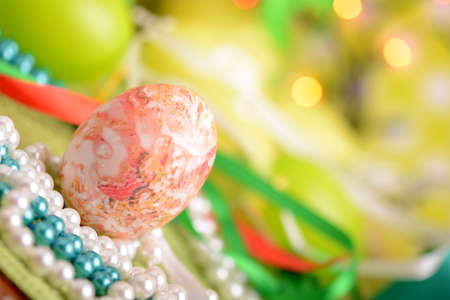 Easter setting with gift box and spring decorationの写真素材