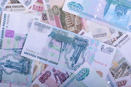 Russian money background. Rubles banknotes closeup texture