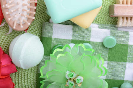 Set for spa, flowers, sea salt, stones, hair brush, soap, aroma candles set Relax and treatment...