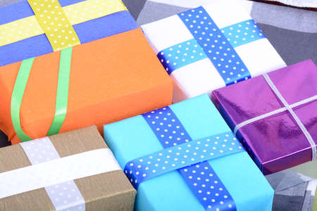 bright gifts with ribbons, holiday invitation cardの写真素材