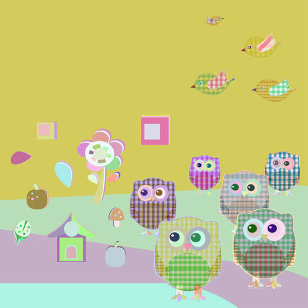 vector owls and birds on tree branches. nature element setのイラスト素材