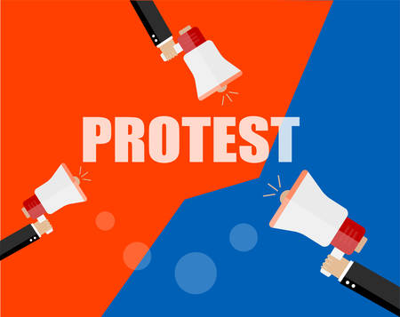 Hands holding protest signs and bullhorn, crowd of people protesters background, political, politic crisis poster, fists, revolution placard concept symbol flat style modern design vector illustrationのイラスト素材