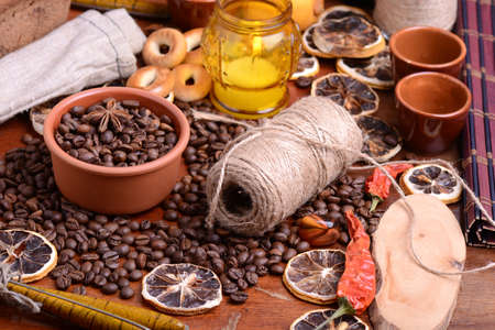 coffee beans, candle, lemon, cinnamon, anise and aroma spiceの写真素材