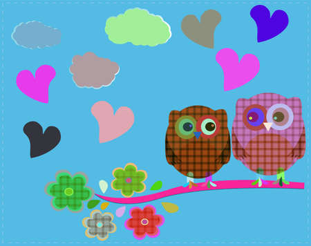 Two owls and love tree sitting on branchの写真素材