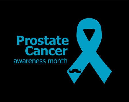 Prostate cancer ribbon awareness on black background. Light blue ribbon with mustache. Graves...