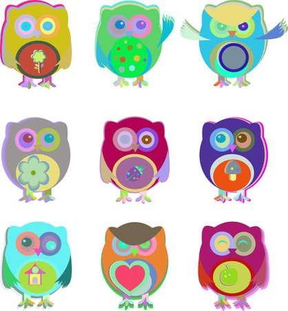 set of cute owls isolated on whiteの写真素材