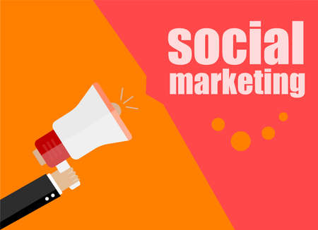 flat design business concept. social marketing. Digital marketing business man holding megaphone for website and promotion banners.の写真素材