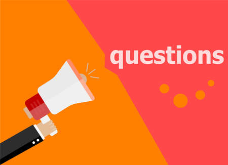 Questions. Hand holding megaphone and speech bubble. Flat designの写真素材