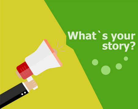 flat design business concept. What is Your Story. Digital marketing business man holding megaphone for website and promotion banners.の写真素材