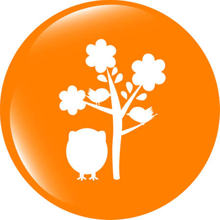 button with owl and tree, isolated on whiteの写真素材