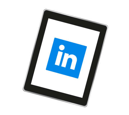 Linkedin logo sign on white background. Linkedin is a business social networking service. Kharkiv,...