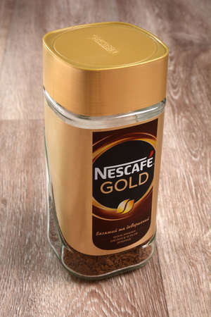 Nescafe Gold. Granulated instant coffee Nescafe Gold. Kharkiv, Ukraine, June 21, 2020.のeditorial素材