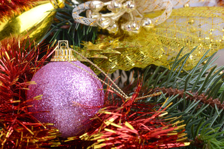 Christmas frame, greeting card. New year balls, gifts or present box and holiday decoration. Happy New Year composition.の写真素材