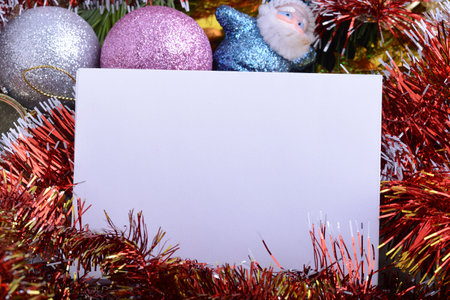 Merry Christmas and Happy New Year 2021 Holiday card. White paper and christmas greetings, ball set close up, christmas glitter confetti.の写真素材