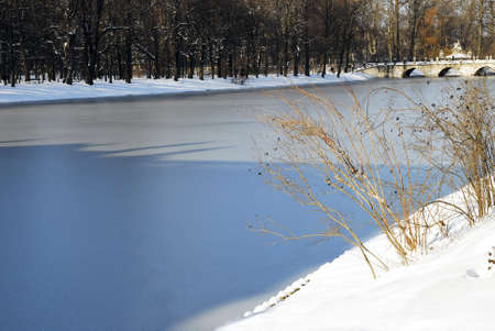 Frozen winter lake with smooth surface.の写真素材