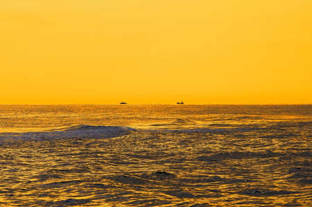 Seascape in the morning yellow lights. Two ships on horison.の写真素材