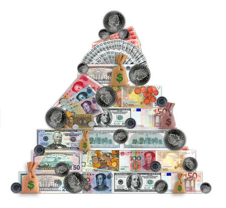 Money pyramid contain different currencies. Banknotes and coins. の写真素材