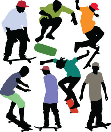 Skateboarders dynamic silhouettes. Vector image with color shirts and caps.のイラスト素材