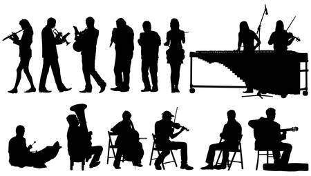 Over ten performing musicians. Separated poses over white background. Vector illustration.のイラスト素材