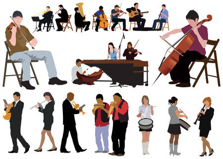  Twenty performing musicians. Separated poses over white background. Color vector illustration.のイラスト素材