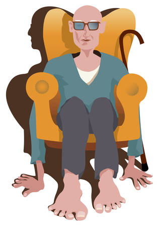 Old man sitting in armchair without legs. Instead he keep floor with his hands and feet. Picture show how difficult is pensioner life. Vector illustration.のイラスト素材